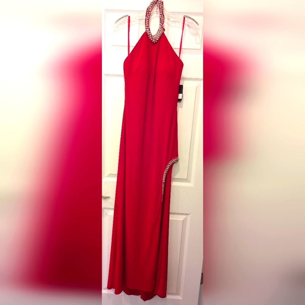 NWT Ieena For Mac Duggal Red Halter high slit long maxi dress rhinestone gown 8 - Picture 3 of 16